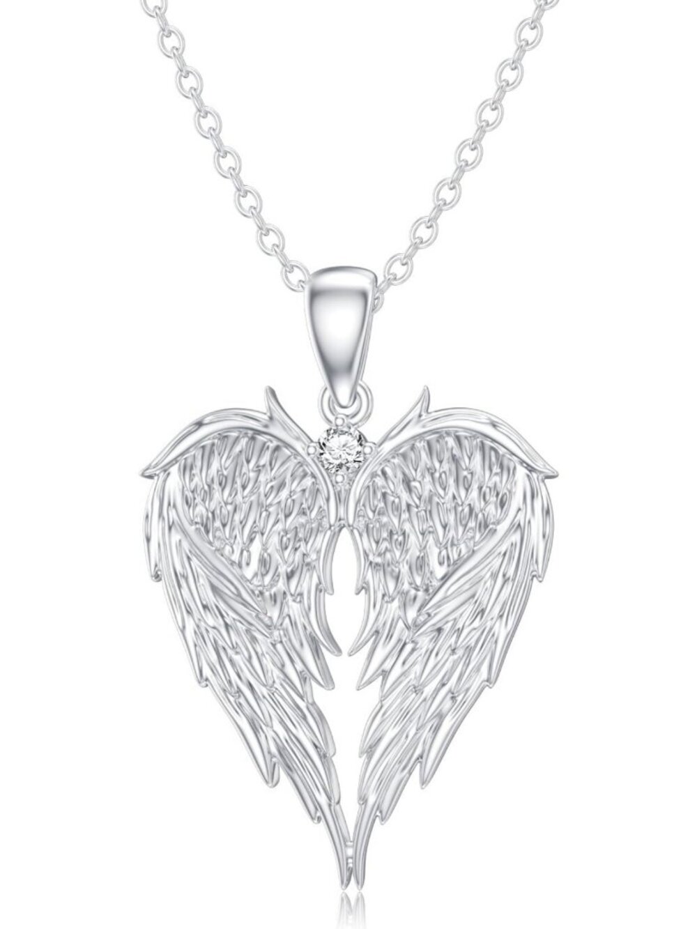 Sterling Silver Angel Wing Necklace with Lab Grown Diamond - Heart Pendant